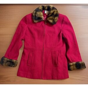 MDP Mario de Pinto Women's red wool coat Faux fur trim size Medium full zip